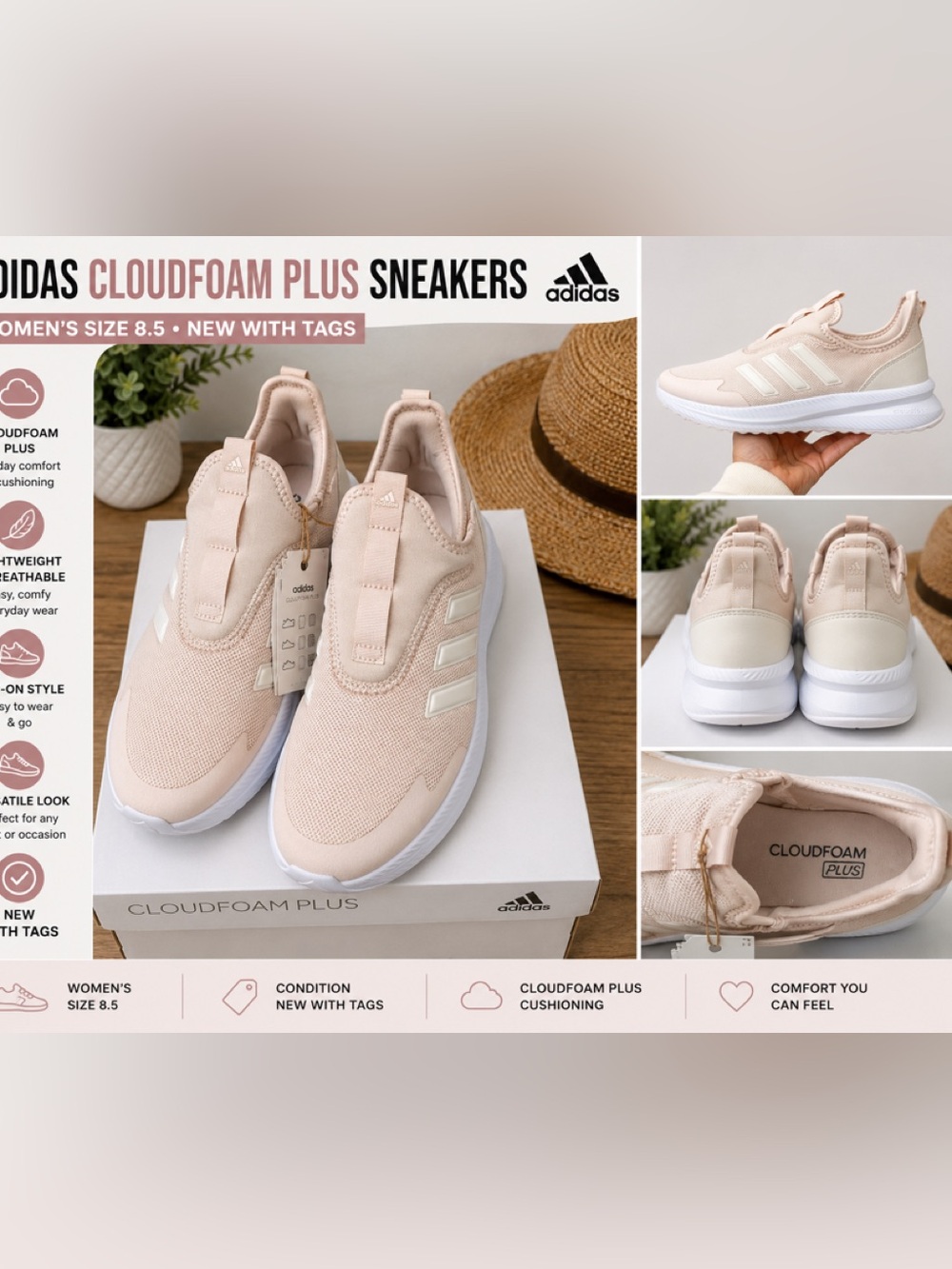 adidas Slip-On Cloudfoam Sneakers in Blush Pink and White